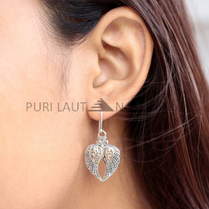 IER001 925 Sterling Silver Dangle Hoop Earrings Elegant Angel's Wings Heart Shape