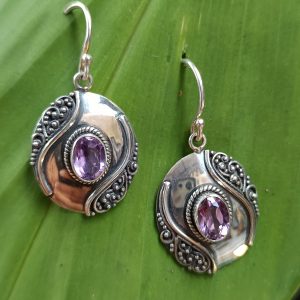 IER008-Balinese Filigree Patterns Silver Earrings With Gemstone