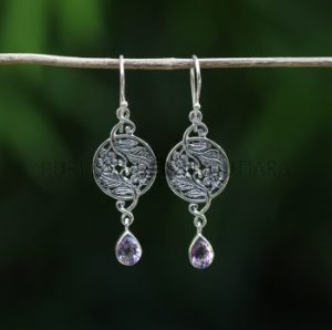 IER013-Sterling Silver Earrings Floral Design With Gemstone Drops