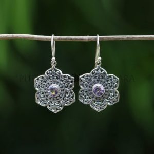 IER014-Sterling Silver Floral Earrings With Gemstone 