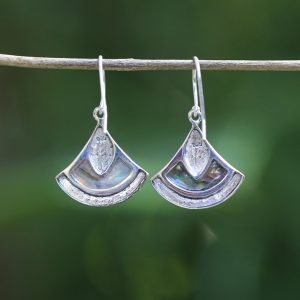 IER025 Cute Handcrafted Sterling Silver Abalone Shell Fan Earrings