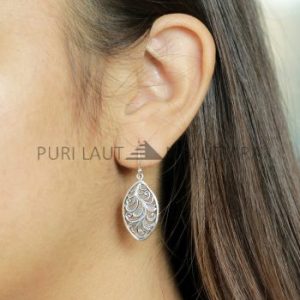 IER037-Balinese Earrings Sterling Silver Leaf Scrollwork Dangle Earrings