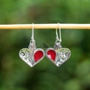 IER040-Earrings Cute Heart Design with Red Coral Inlay