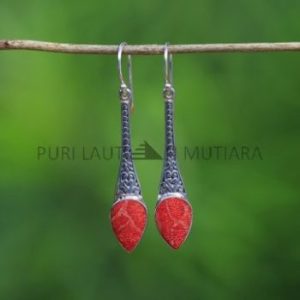IER046-Coral Balinese Ornamental Design Long Drop Earrings 