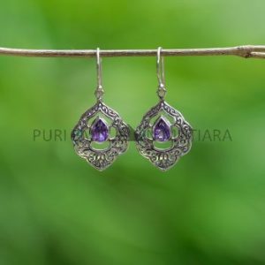 IER049-Balinese Ornate Filigree Sterling Silver Earrings with Gemstone