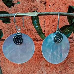 KA-ER011-Sterling Silver Round Mother of Pearl Dangle Earrings with Spiral Caps