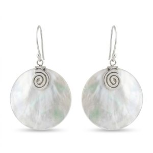 KA-ER011-Sterling Silver Round Mother of Pearl Dangle Earrings with Spiral Caps