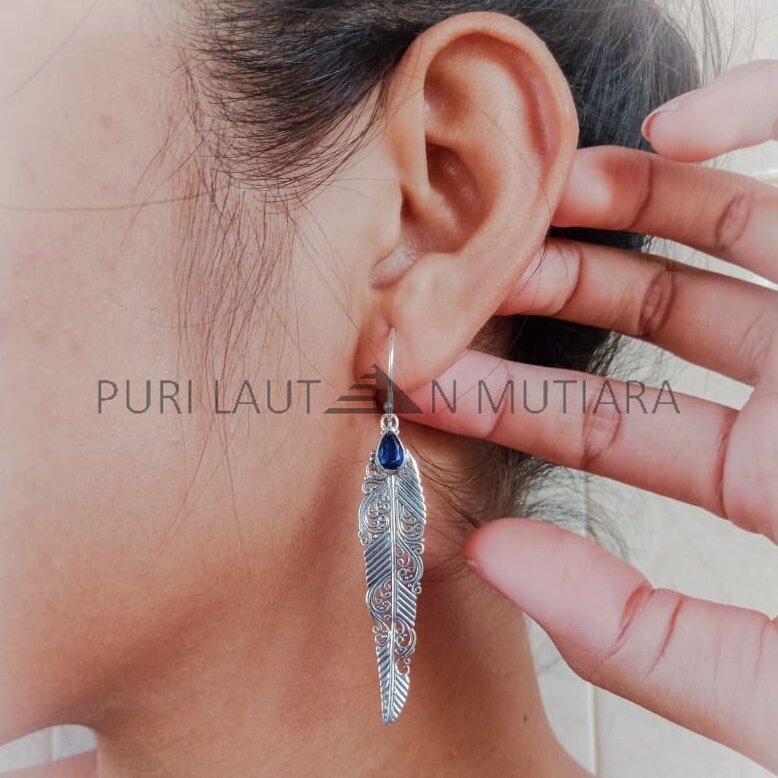 NY-ER112-Silver Feather Design Gemstone Earrings