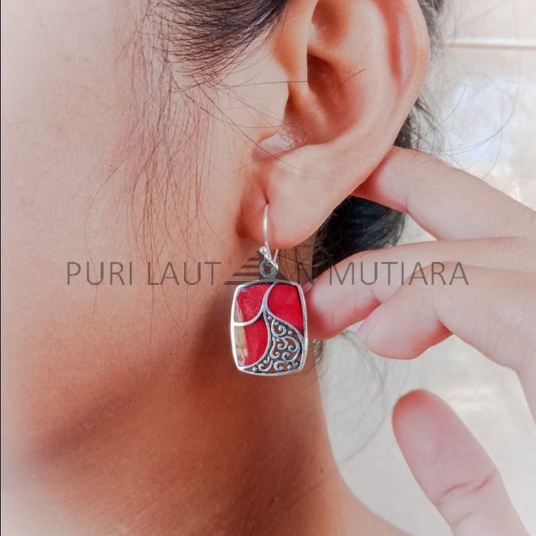 NY-ER136-Silver Rectangle Earring With Coral