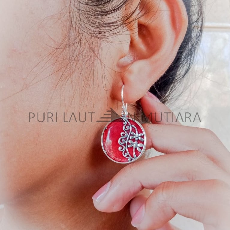 NY-ER140-Silver Round Earring With Coral