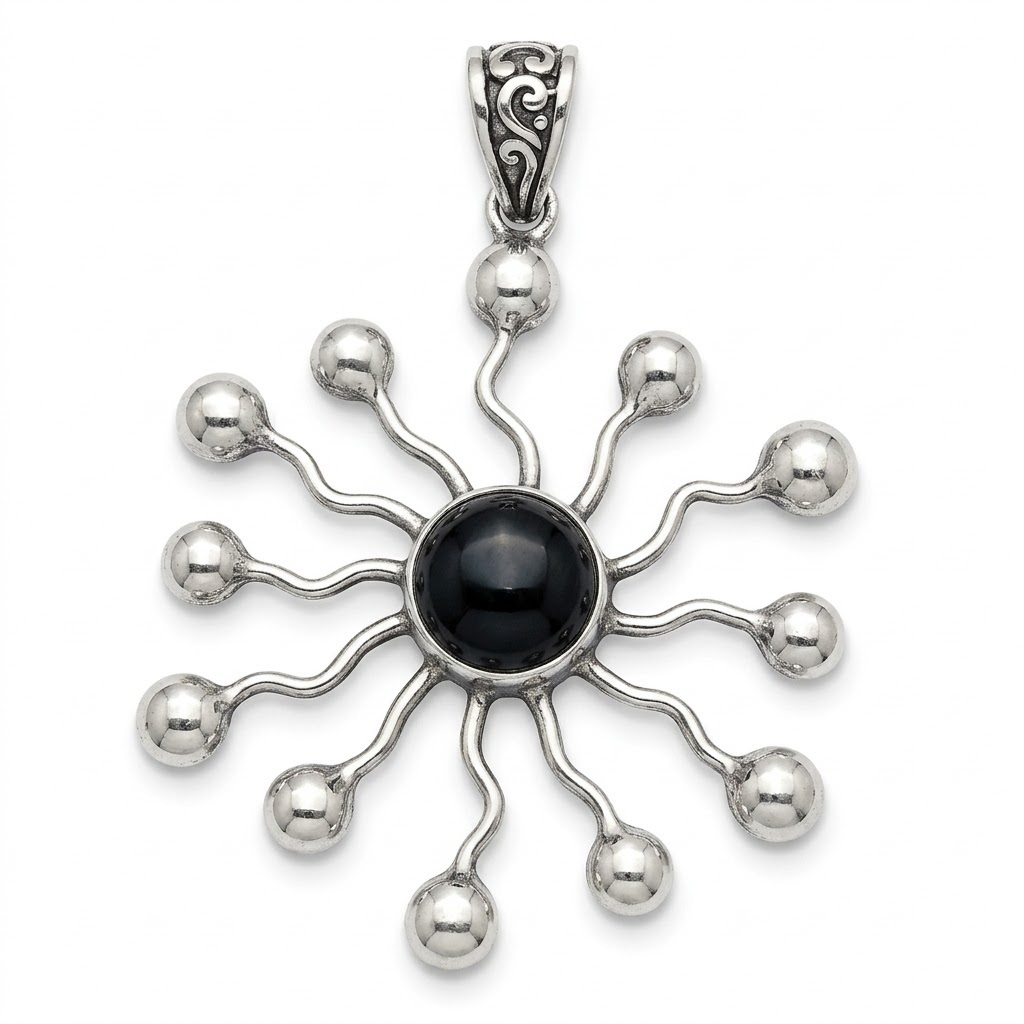PUK-001-High-Quality Sterling Silver "Sunburst" Pendant with Onyx Center