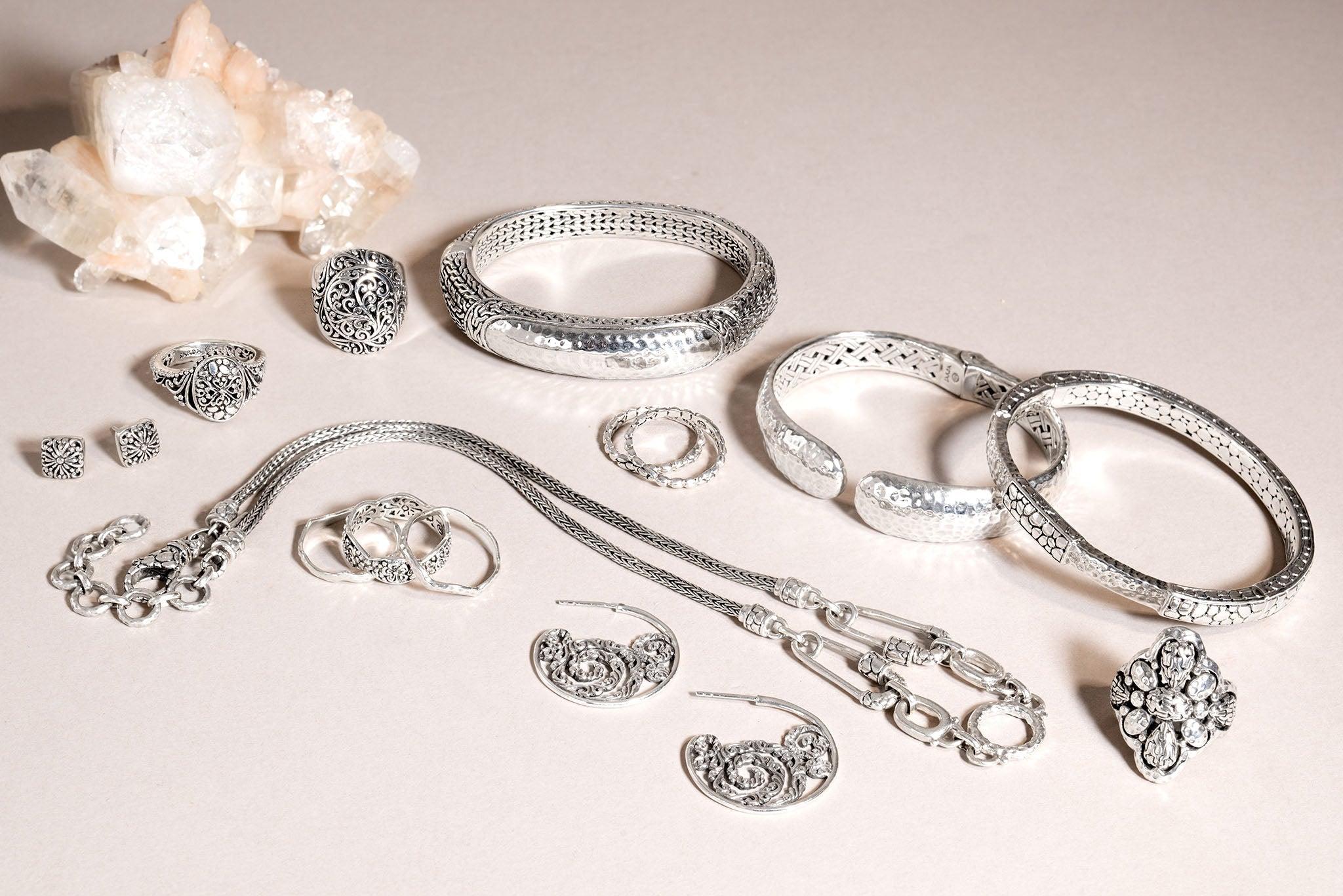 Collection of handcrafted silver jewelry from Bali